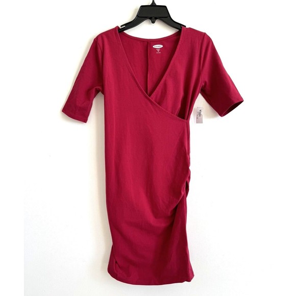 NWT Old Navy Maternity Fitted Faux Wrap Bodycon Dress Red Ruched Stretch - Picture 2 of 9
